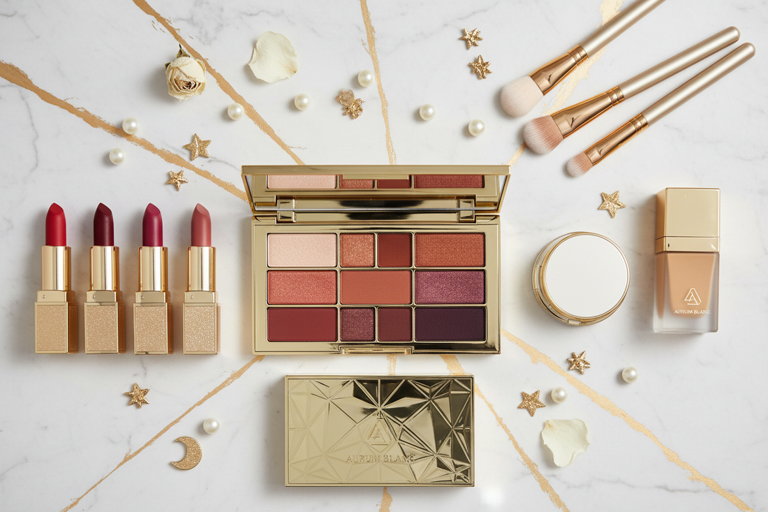 Luxury makeup collection flatlay