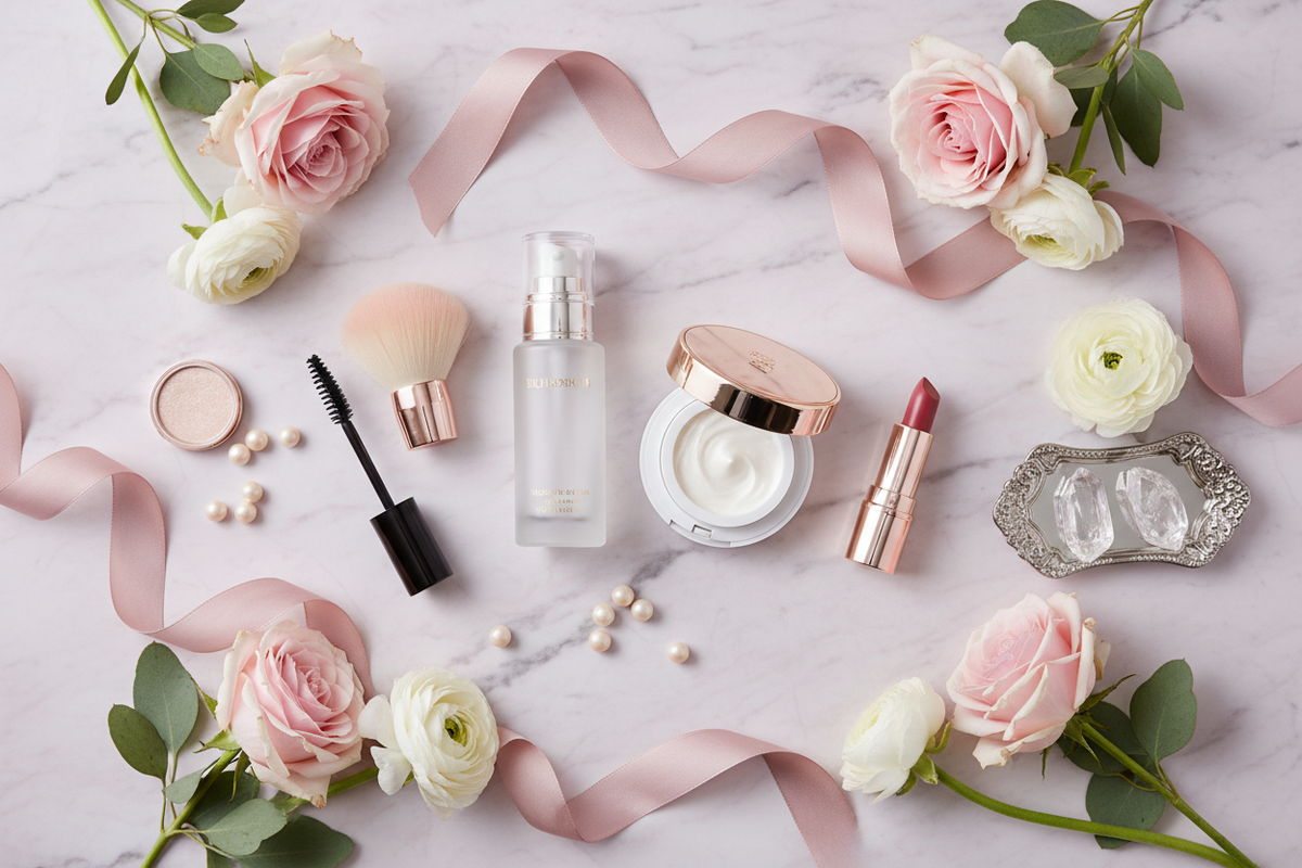Skincare flat lay with beauty products
